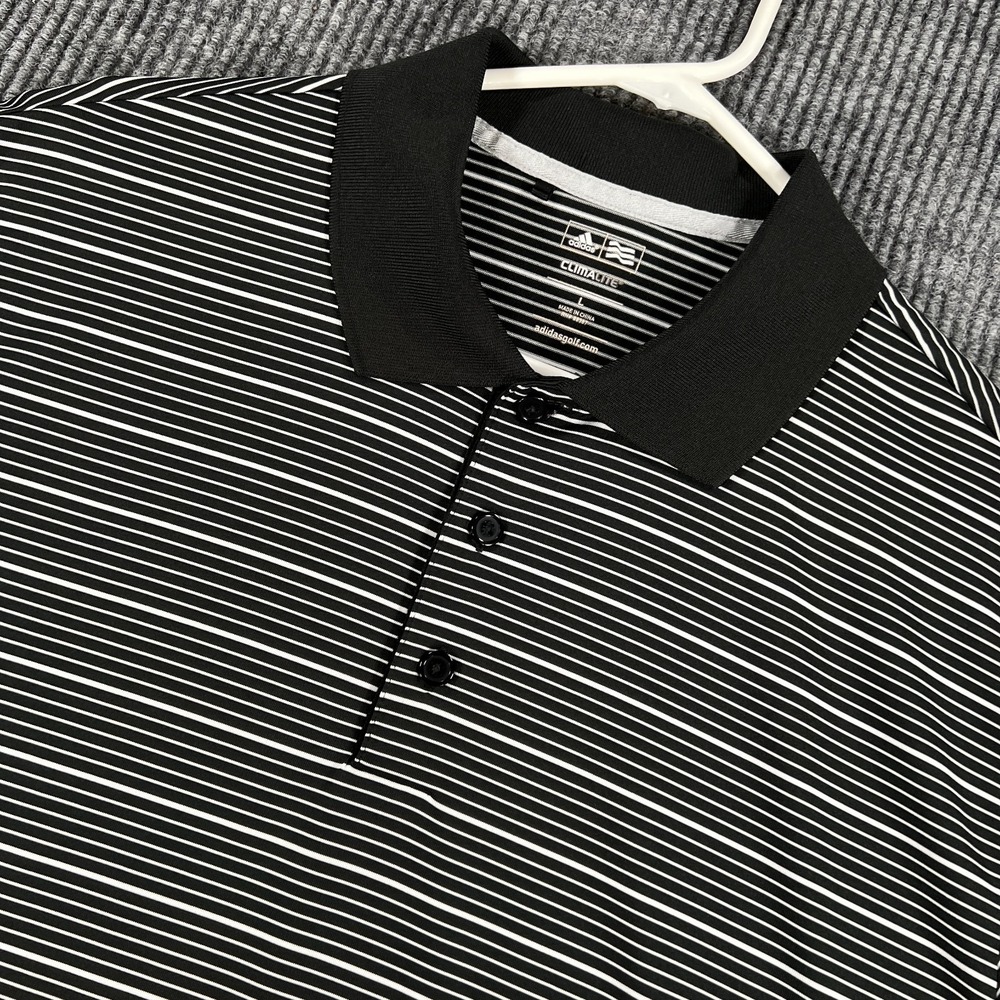 Adidas Polo Shirt Mens Large Black White Striped Short Sleeve Climacool Golf
